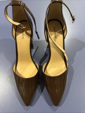 Pashion Brown Patent Pointed-Toe Ankle-Strap Pumps